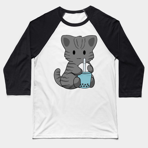 Black Stripped Cat Bubble Tea Baseball T-Shirt by BiscuitSnack